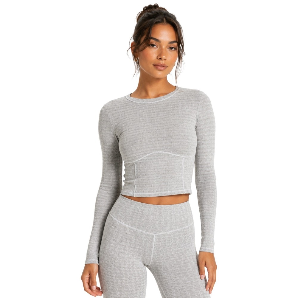 Vuori Top Womens Small Gray Pose Long Sleeve Corset Ribbed Crop Pinstripe VW1148